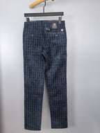 Dark blue check-pattern trousers with button front and belt loops
