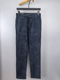 Dark blue check trousers with front button closure and belt loops