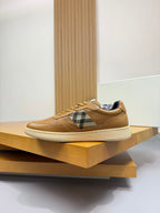 Tan lace-up sneakers with Burberry check side panel and textured white rubber sole