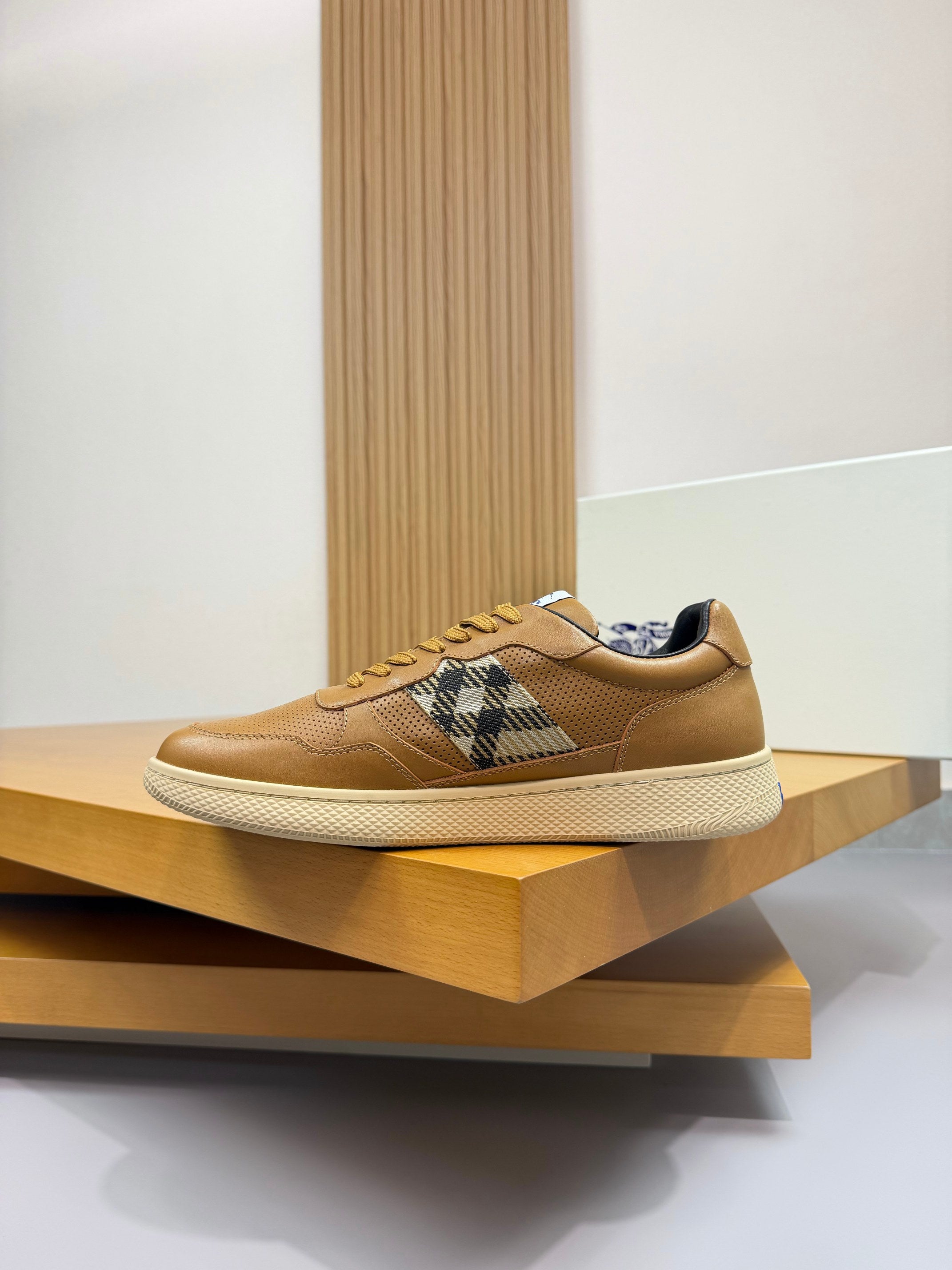 Tan lace-up sneakers with Burberry check side panel and textured white rubber sole
