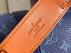 Louis Vuitton orange leather strap detail with embossed logo and stitched edge