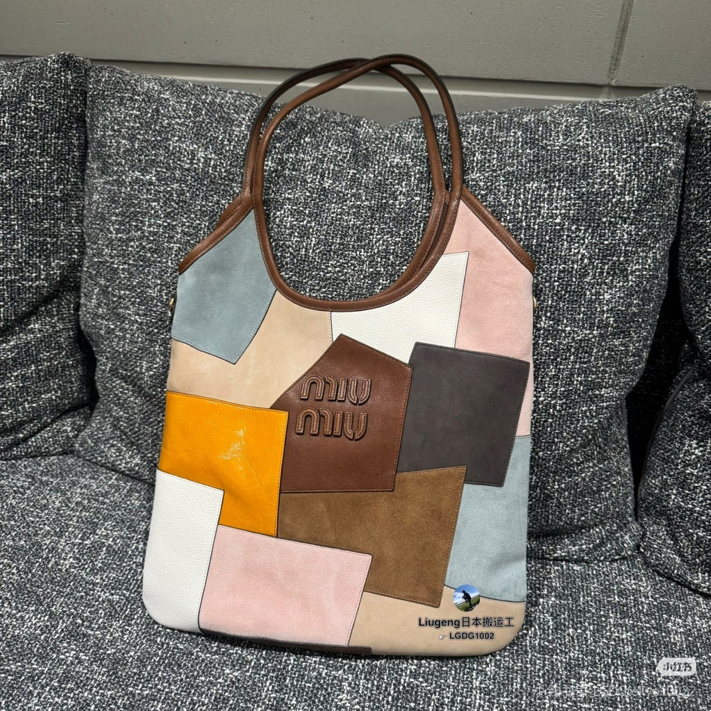 MiuMiu patchwork tote bag with brown top handles and central Miu Miu logo patch