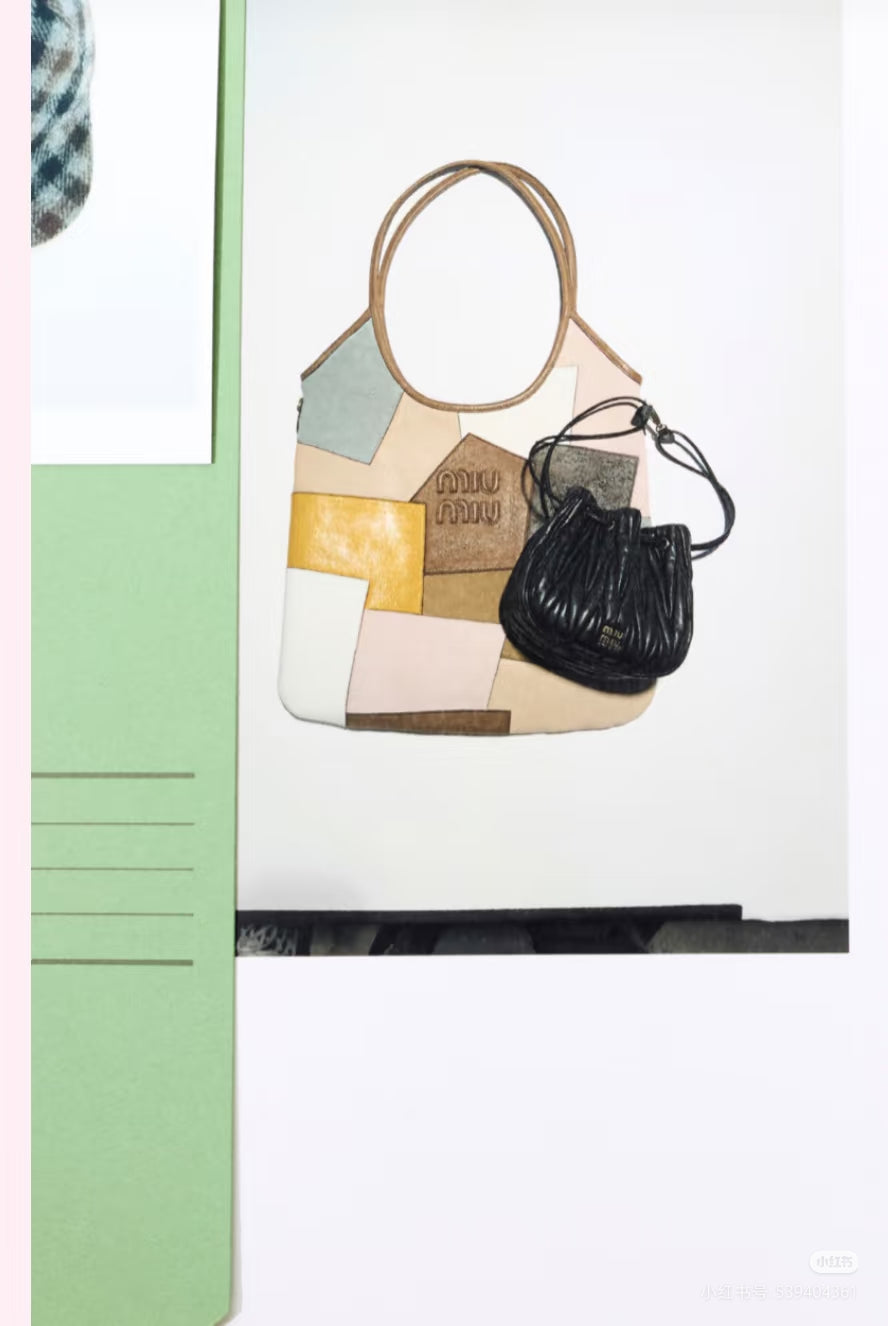 MiuMiu patchwork tote bag with brown handles, shown with a black drawstring pouch