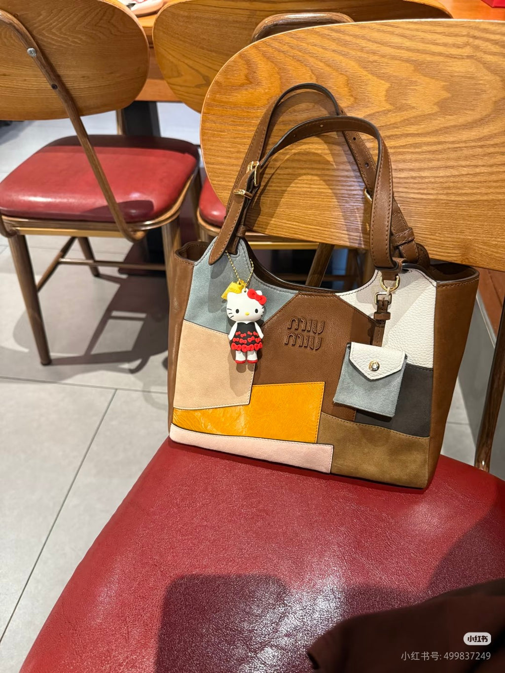 MiuMiu patchwork tote bag, brown/gray/tan with orange panel; small charm and tag