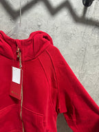 Ralph Lauren red zip hoodie angled view of hood and front pocket