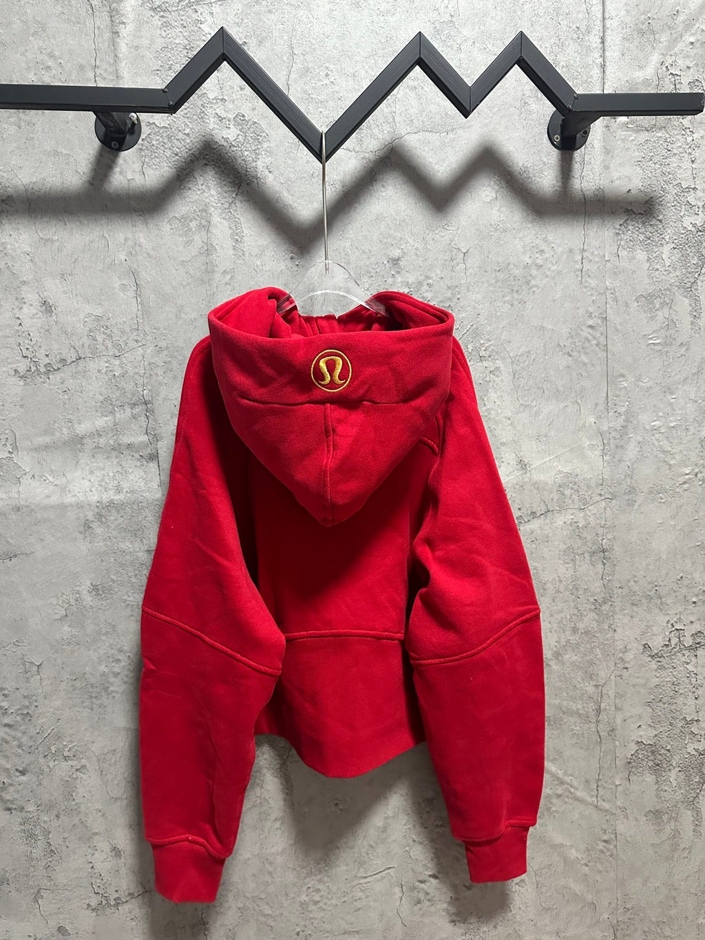 Ralph Lauren red hoodie with hood and gold logo emblem at the chest