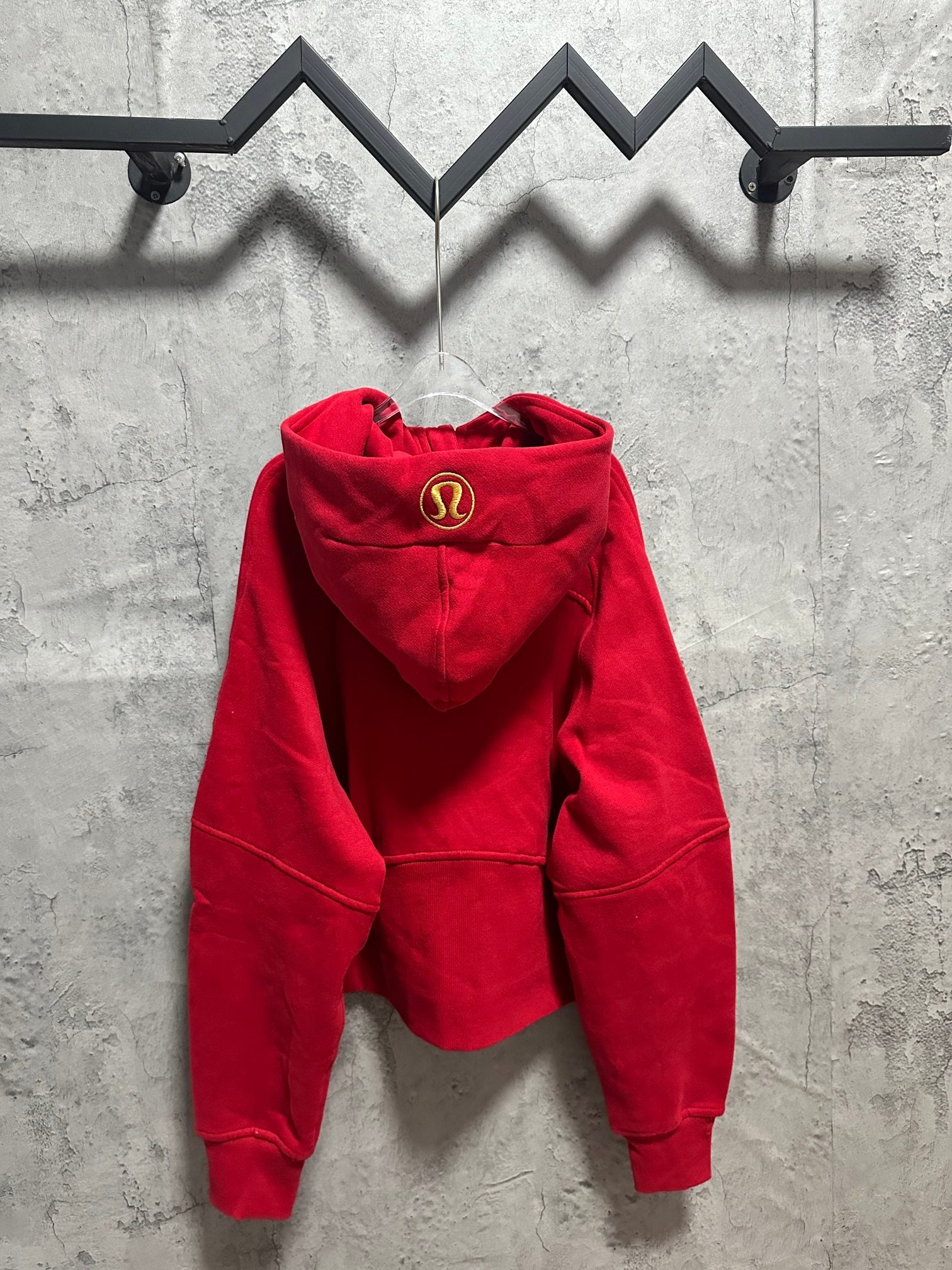 Ralph Lauren red hoodie with hood and gold logo emblem at the chest