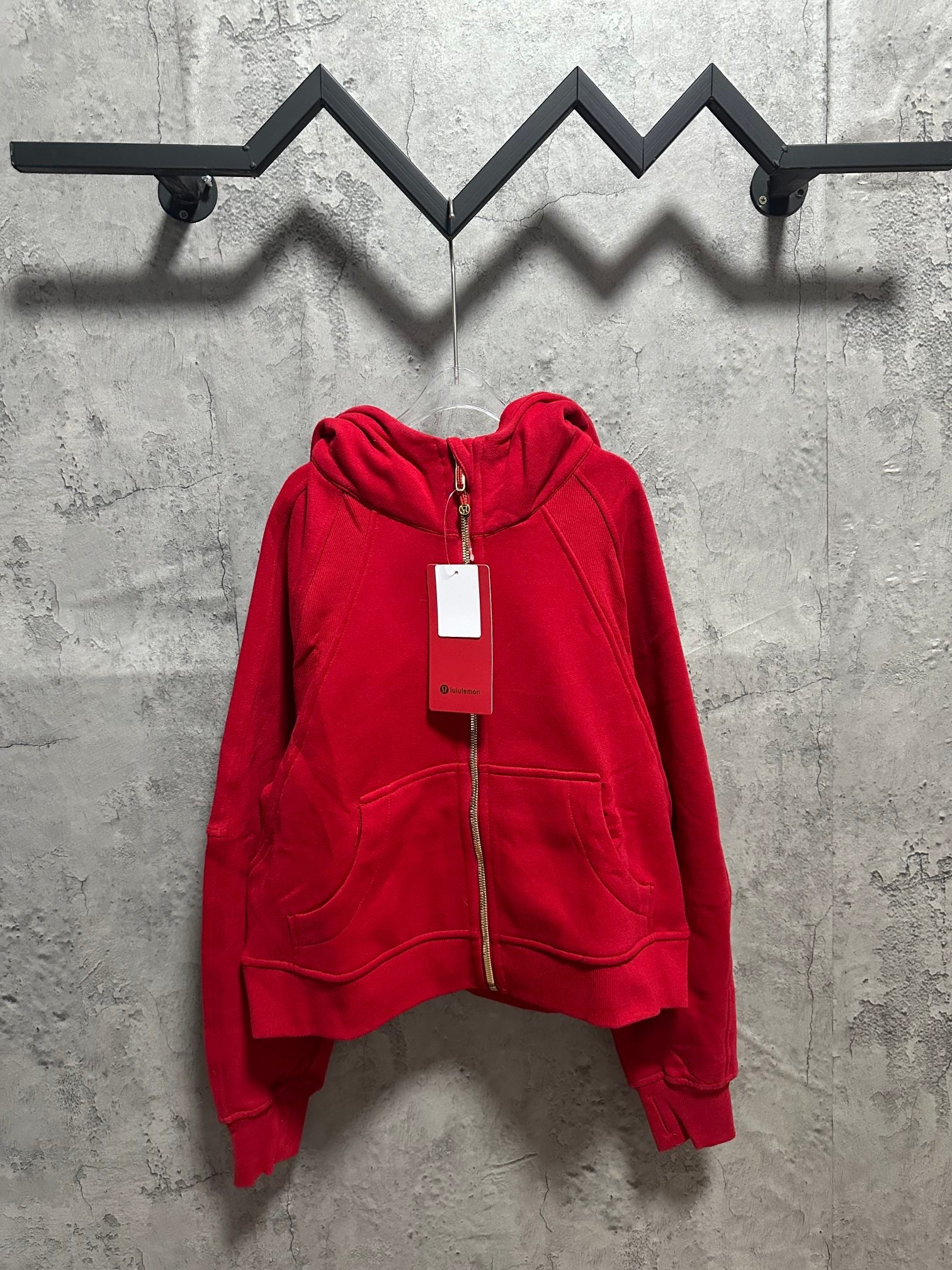 Ralph Lauren red zip-up hoodie with hood, front zipper, and kangaroo pocket