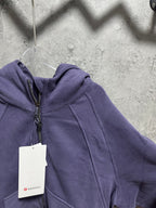 Ralph Lauren zip-up hoodie in dark purple; close view of hood and zipper