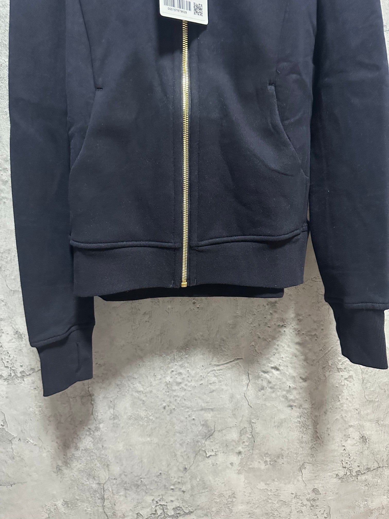 Ralph Lauren zip-front hoodie lower front view with ribbed hem and zip