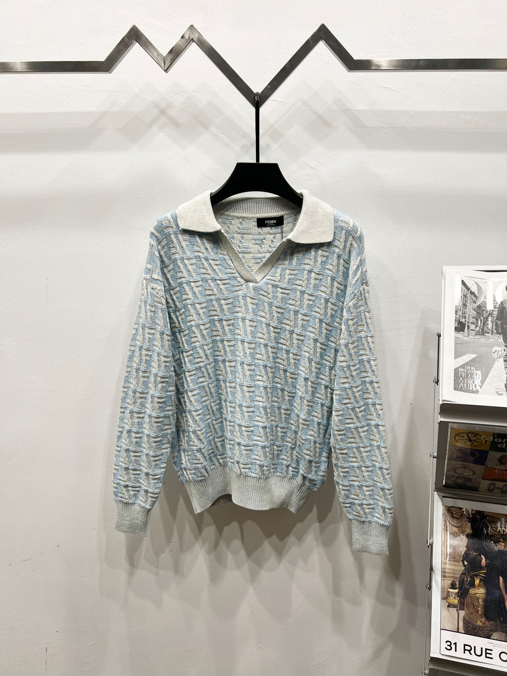 Fendi long-sleeve knit polo sweater with light blue jacquard pattern
