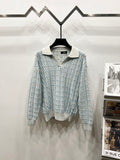 Fendi long-sleeve knit polo sweater with light blue jacquard pattern