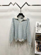 Fendi long-sleeve knit polo sweater with light blue jacquard pattern