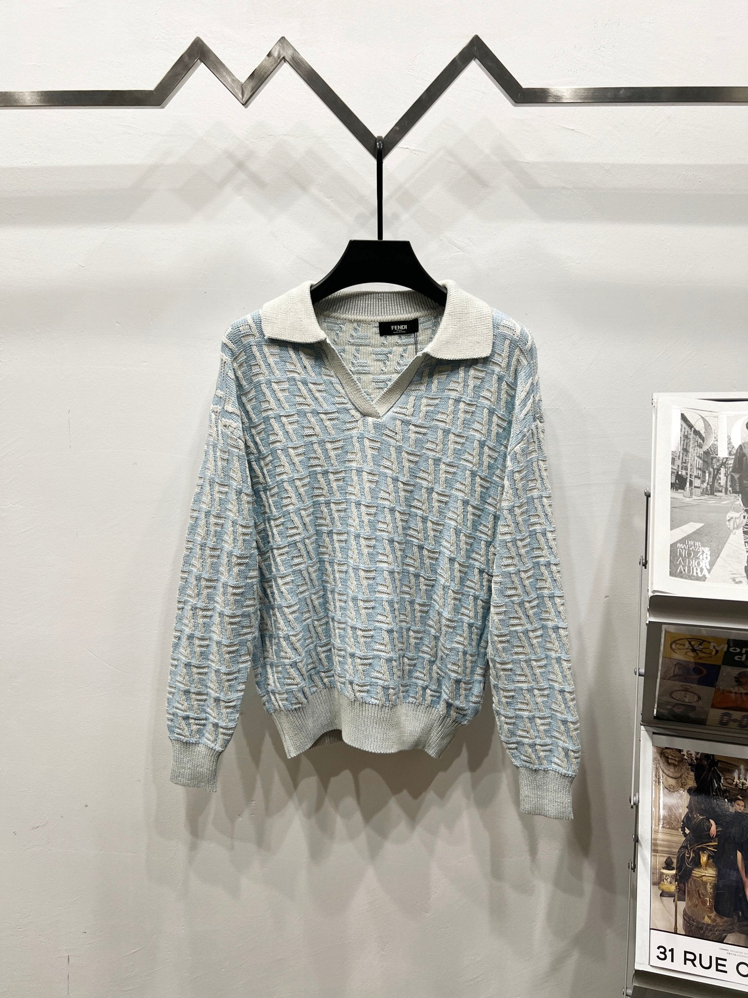 Fendi long-sleeve knit polo sweater with light blue jacquard pattern