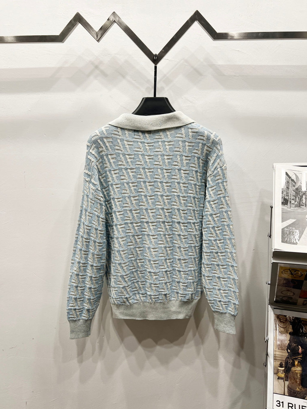 Fendi long-sleeve knit polo sweater, light blue jacquard back view