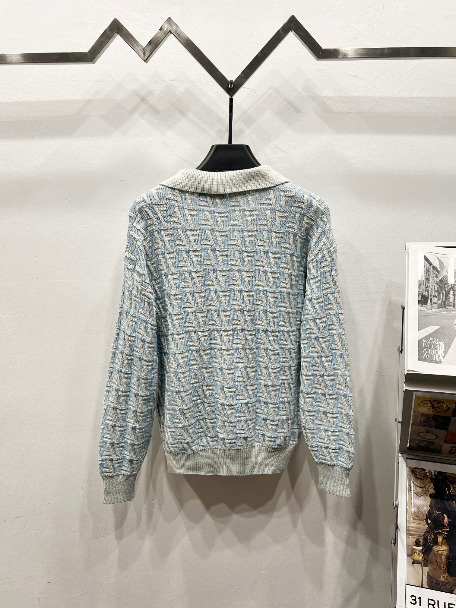 Fendi long-sleeve knit polo sweater, light blue jacquard back view
