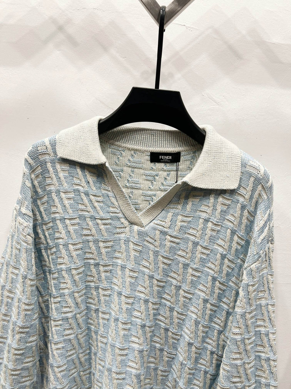 Fendi knit polo sweater with beige-and-blue FF-style jacquard and knit collar