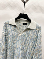 Fendi knit polo sweater with beige-and-blue FF-style jacquard and knit collar