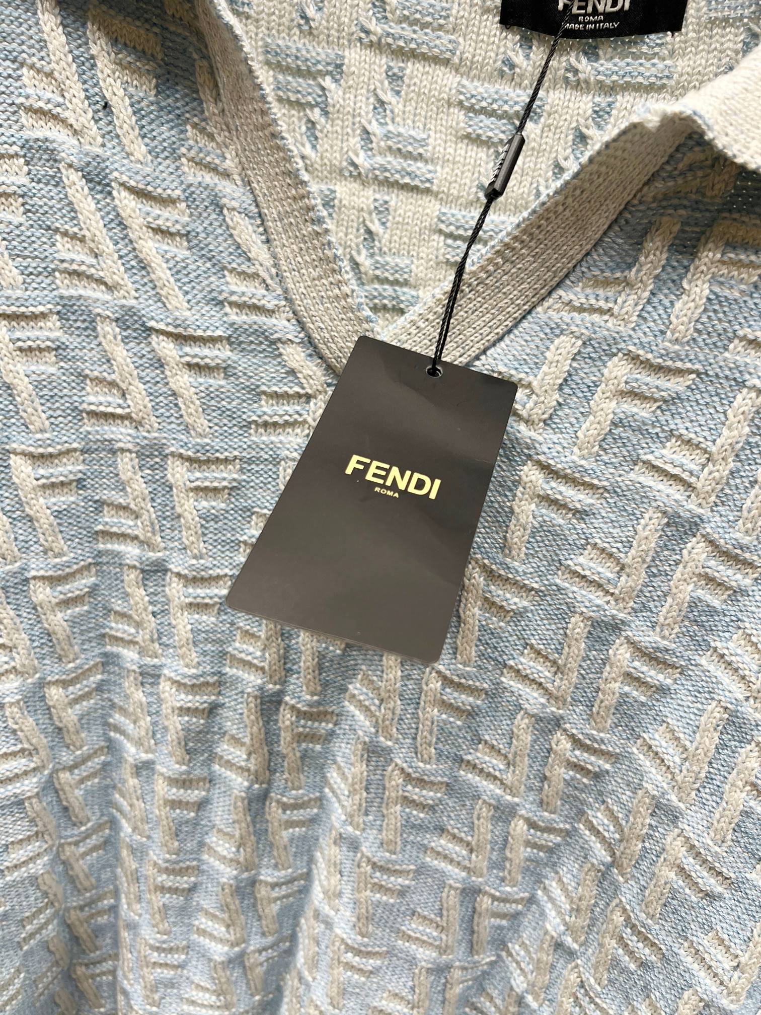 Fendi knit polo sweater with FF jacquard texture and hanging brand tag