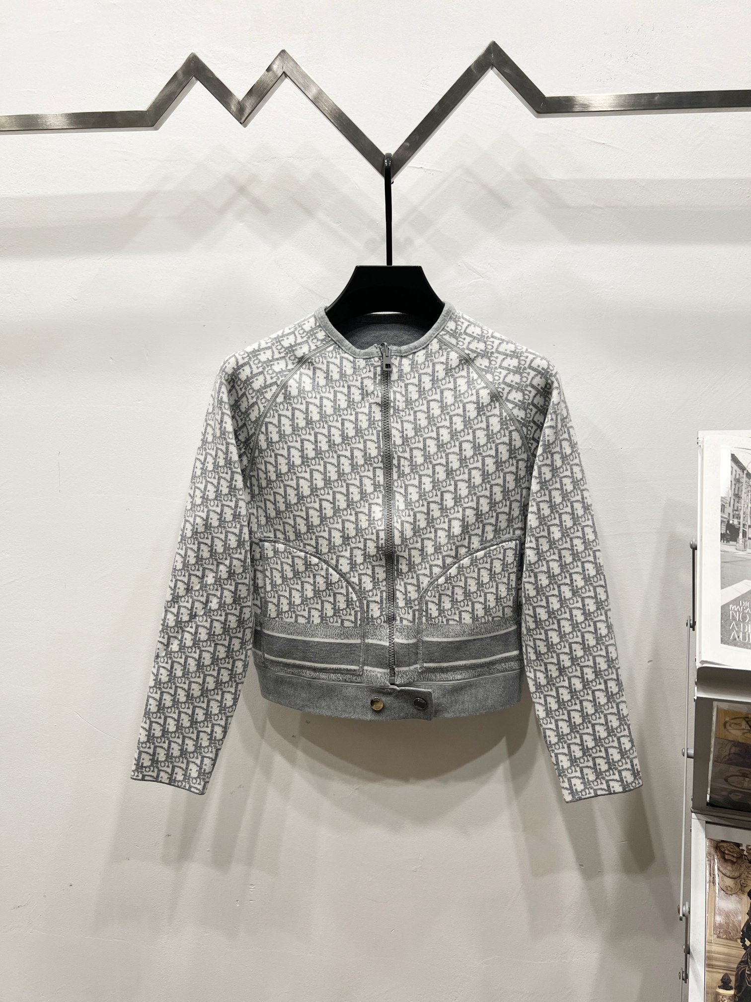 Gray Dior monogram zip jacket, cropped length, stand collar and ribbed hem