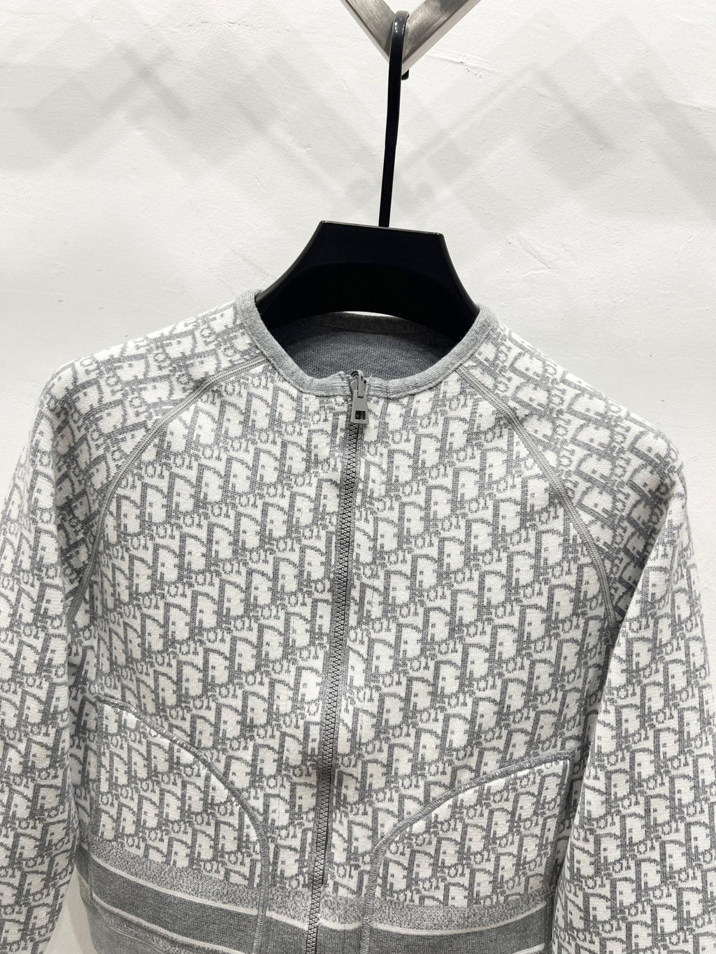 Gray Dior monogram zip-front jacket, stand collar and centered zipper