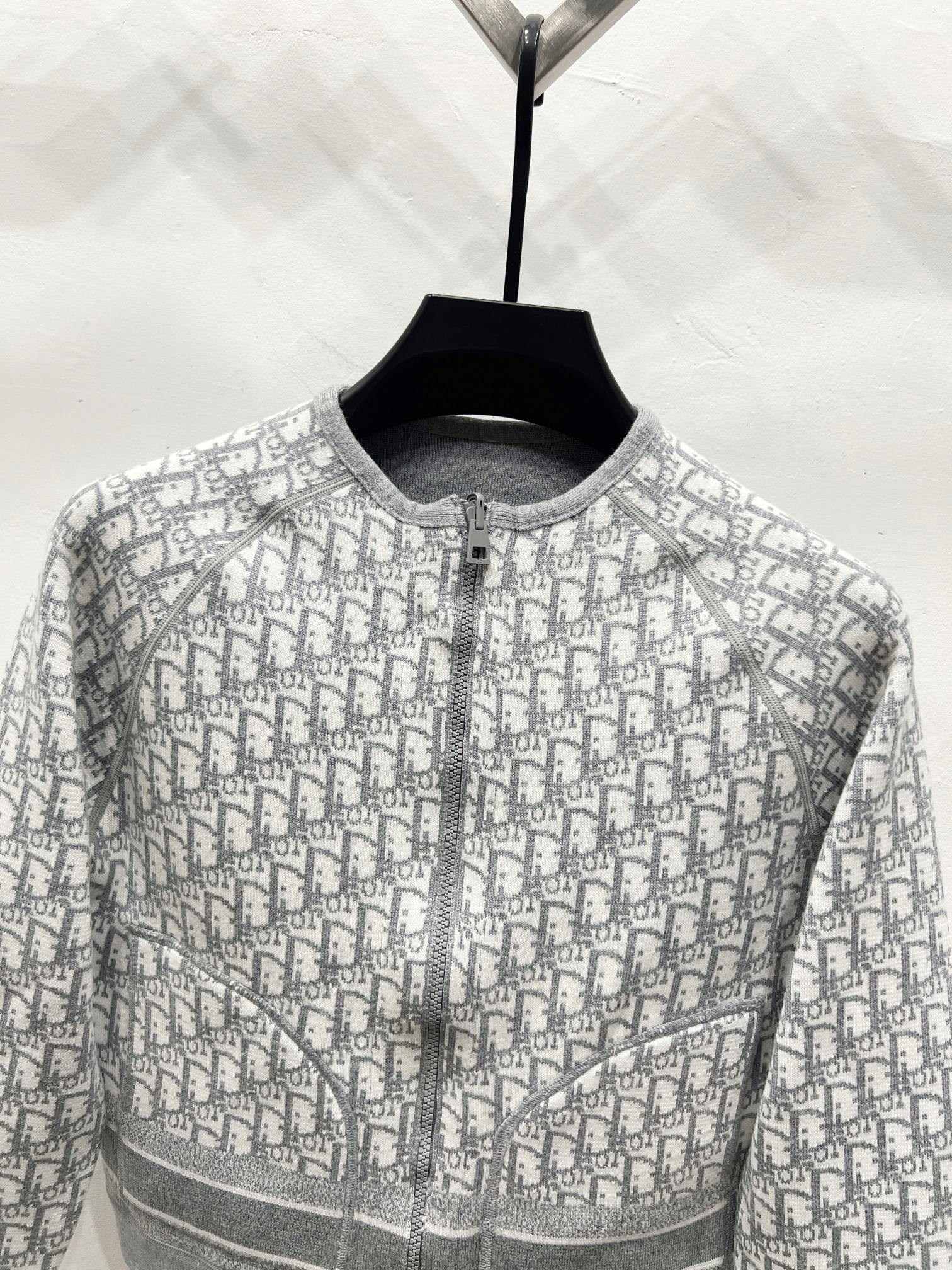 Gray Dior monogram zip-front jacket, stand collar and centered zipper