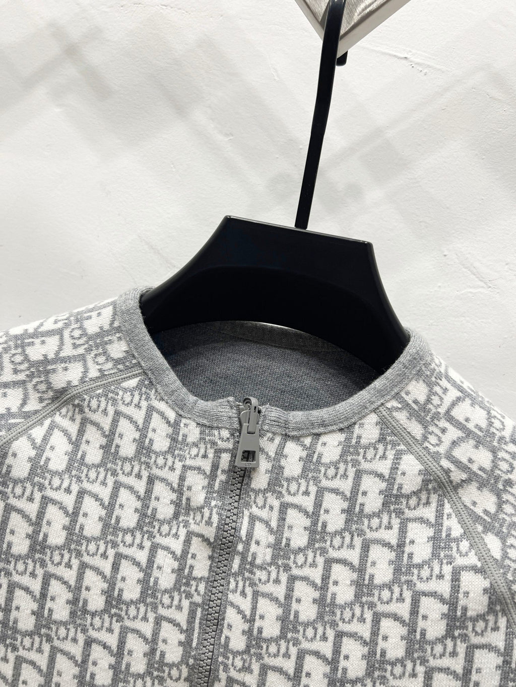 Gray Dior monogram knit jacket with stand collar and front zipper