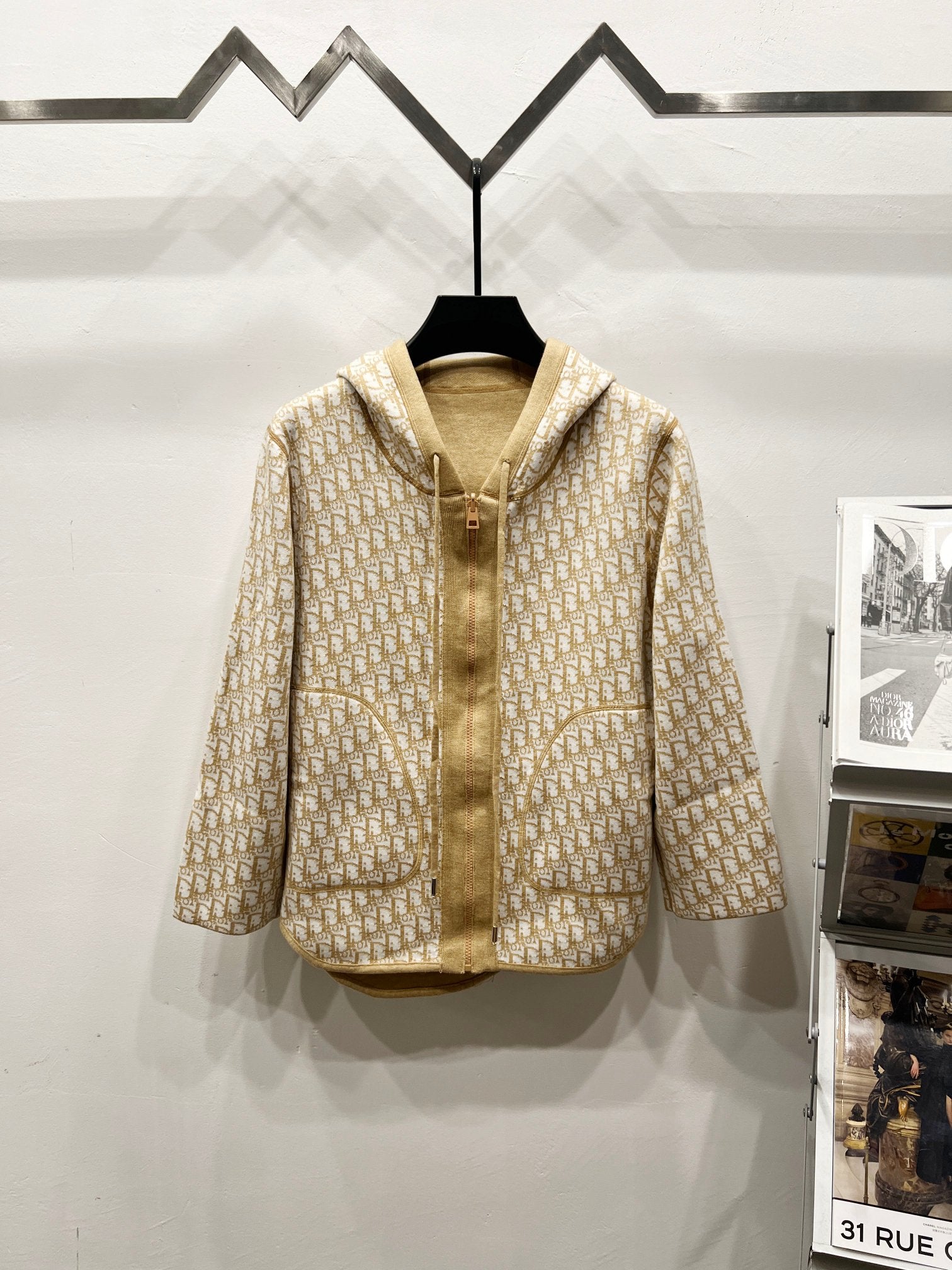 Beige hooded zip jacket with allover Dior logo pattern, front pockets and drawstring