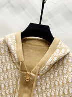 Beige hooded zip jacket neckline with allover Dior logo and gold-tone zipper