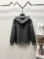 Grey hooded zip jacket with repeating logo stripe and high neck ribbed trim