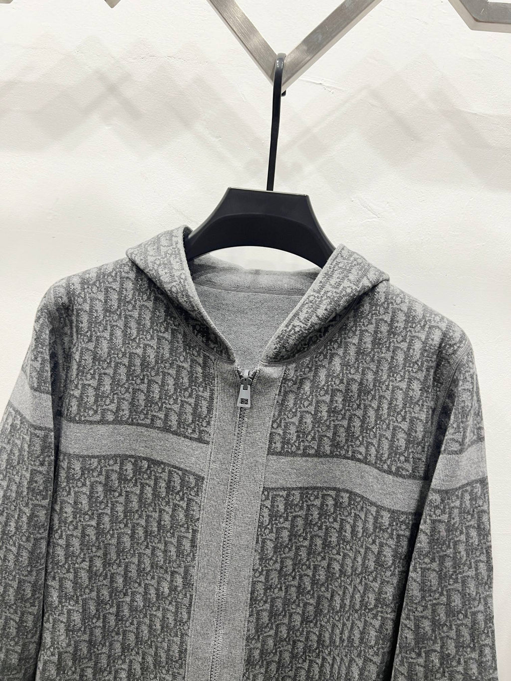 Grey hooded zip jacket with allover Dior-style motif and contrast stripe on chest