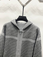 Grey hooded zip jacket with allover Dior-style motif and contrast stripe on chest