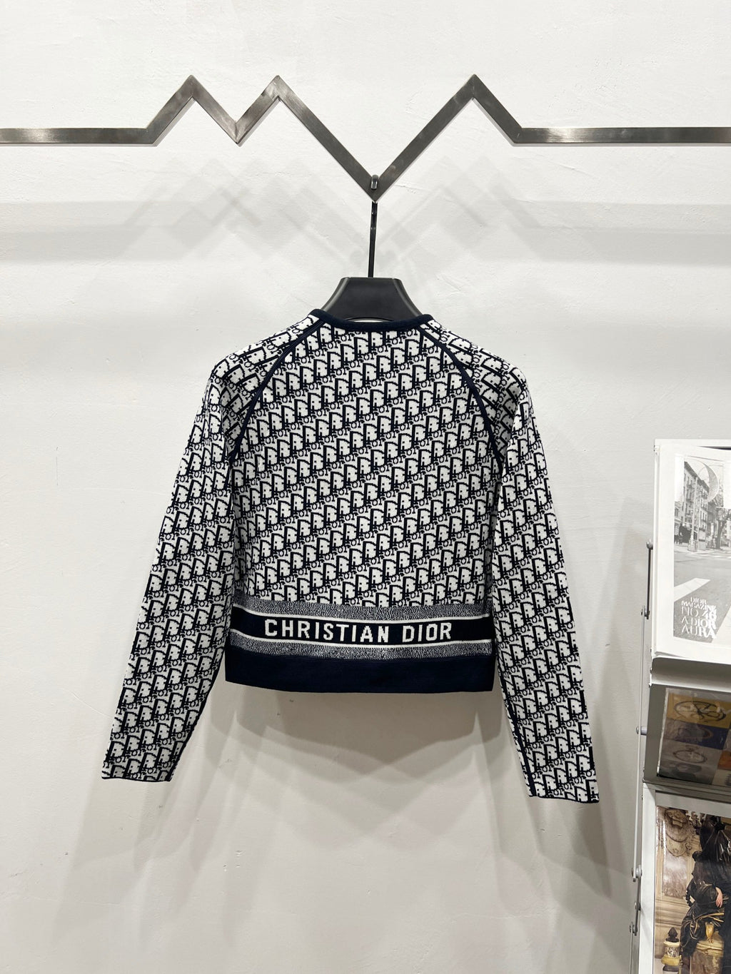 Long-sleeve patterned Dior logo zip jacket with ribbed band across the waist