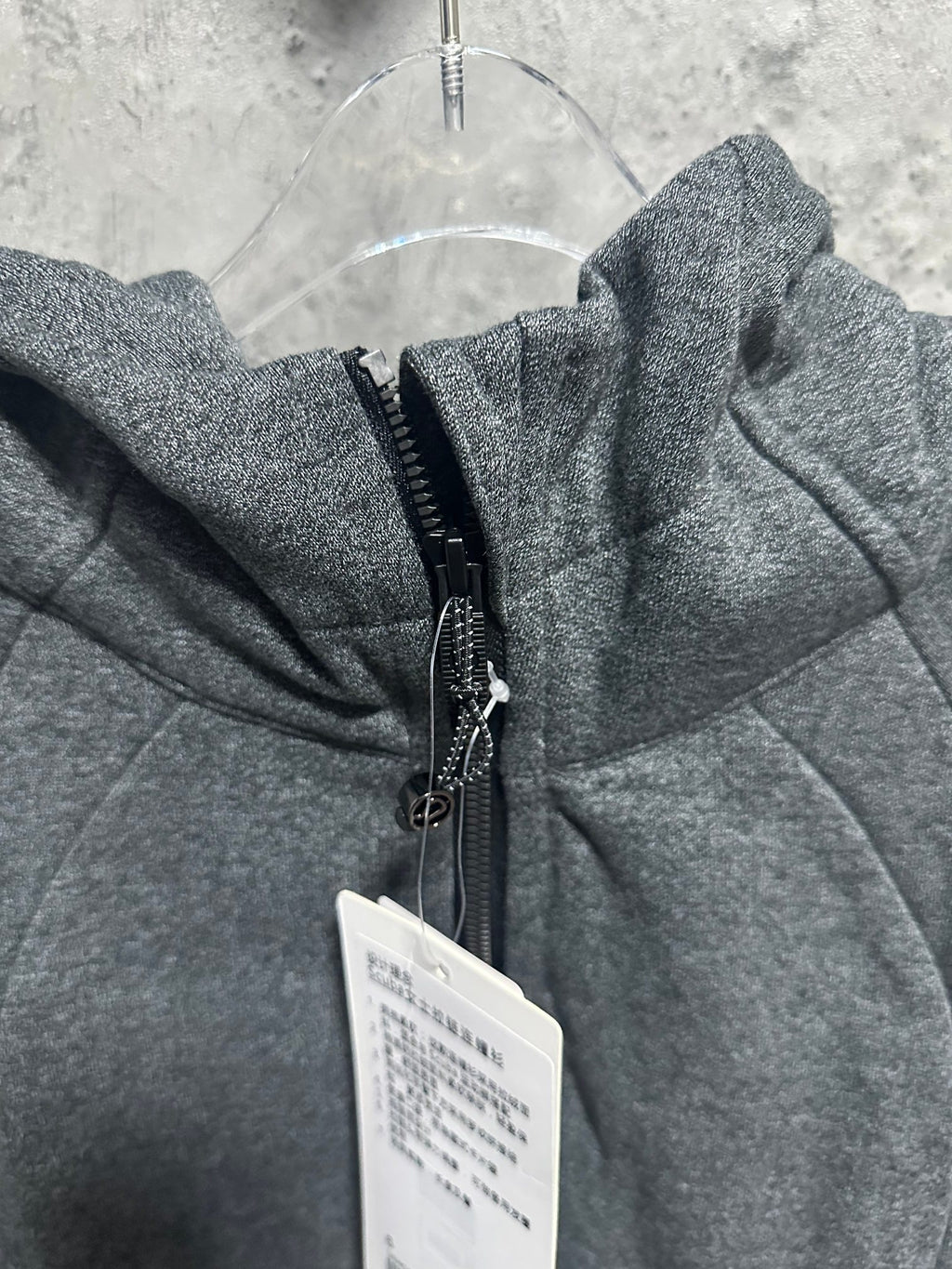 Ralph Lauren zip-up hoodie close-up, dark gray heather, hood seam and zipper pull