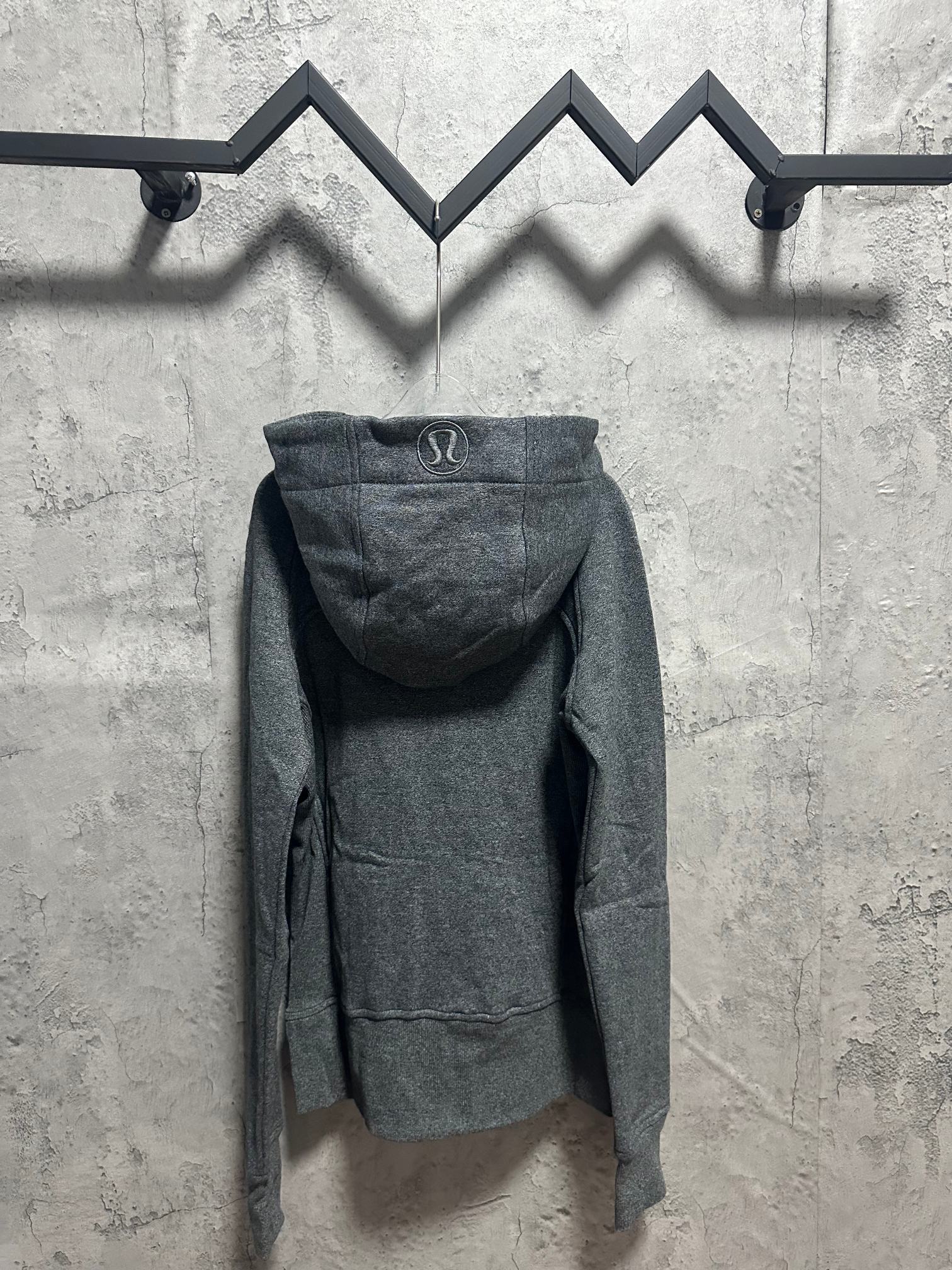 Ralph Lauren zip-up hoodie, dark gray heather, back view with hood and kangaroo pocket