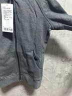 Ralph Lauren zip-up hoodie side view, dark gray heather with front zipper seam