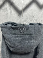 Ralph Lauren hoodie back yoke close-up, dark gray heather hood logo detail
