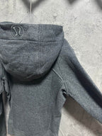 Ralph Lauren hoodie back view, dark gray heather hood and logo at top