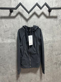Dark gray zip-up hoodie with adjustable hood and front kangaroo pocket