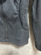 Dark gray zip-up hoodie sleeve and hem, showing front pocket opening