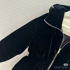 Prada hooded long coat in black velvet, front zipper detail and raised collar