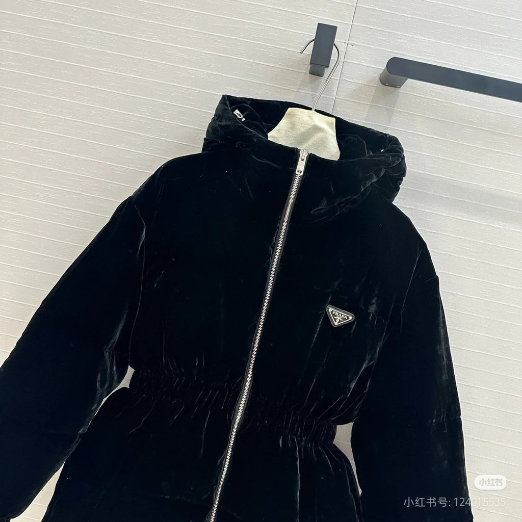 Prada hooded long coat in black velvet, zip-front and triangle logo chest badge