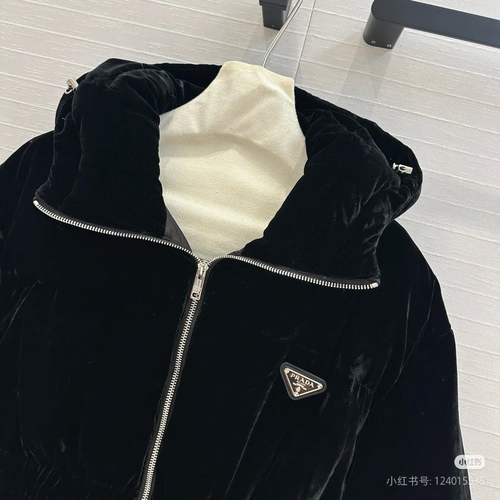 Prada hooded long coat in black velvet, cream hood lining and zip-front