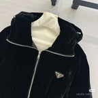 Prada hooded long coat in black velvet, cream hood lining and zip-front