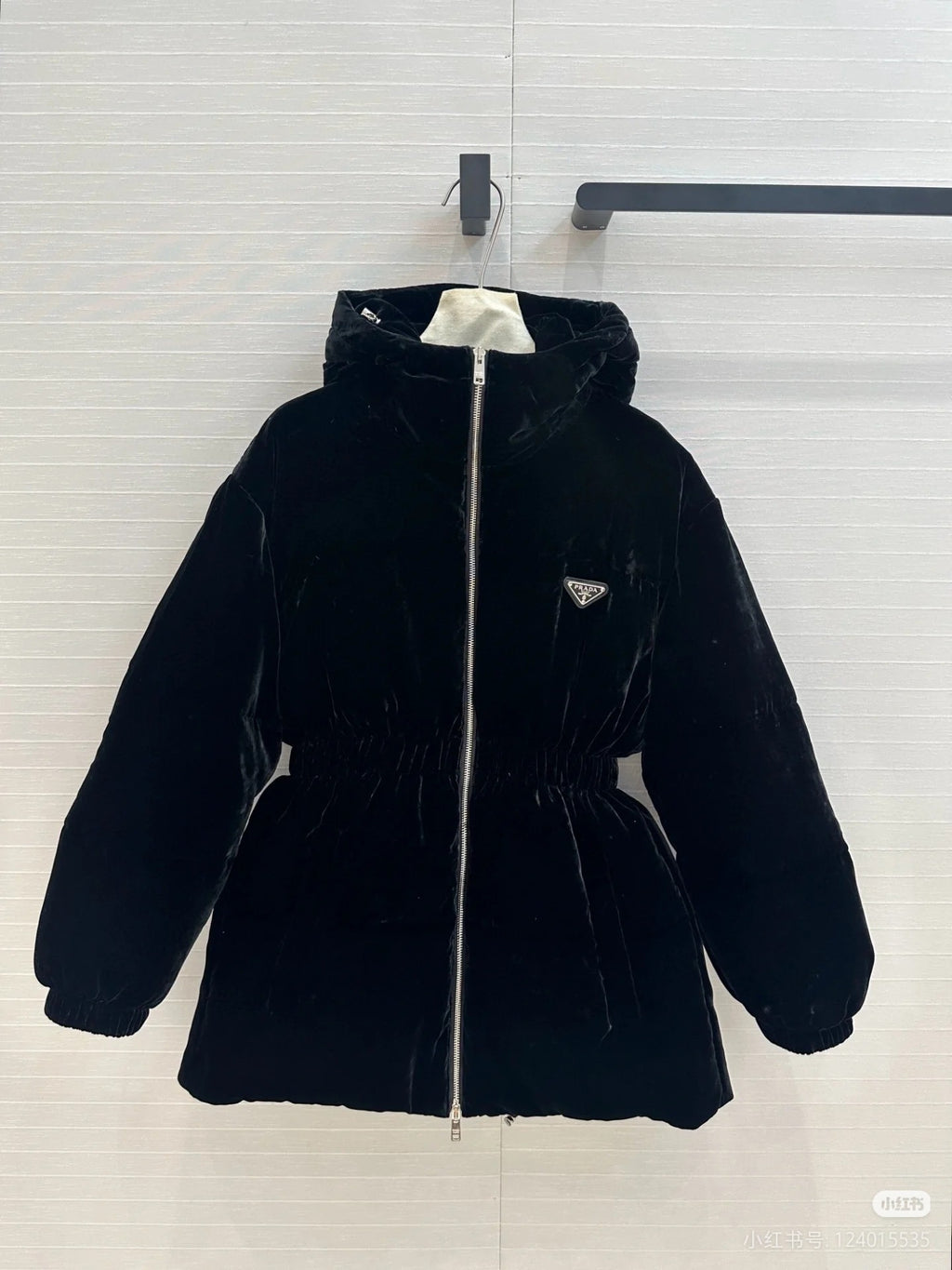 Prada hooded long coat in black velvet, zip-front and triangle logo badge