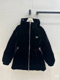 Prada hooded long coat in black velvet, zip-front and triangle logo badge
