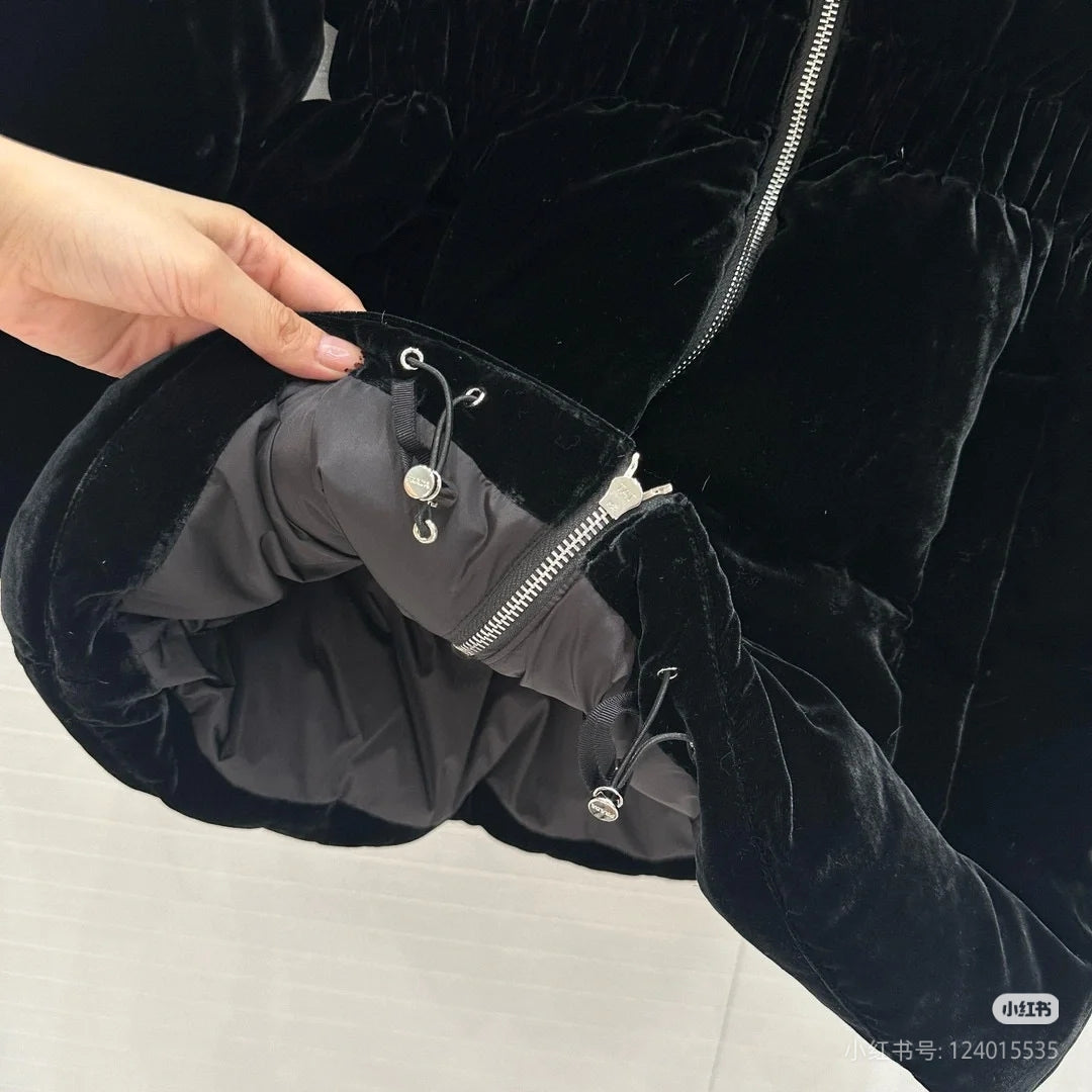 Prada hooded long coat lining detail, gray inner fabric and metal zipper rings