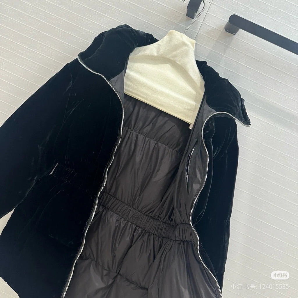 Prada long hooded coat in black velvet with gray quilted puffer lining