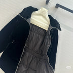 Prada long hooded coat in black velvet with gray quilted puffer lining