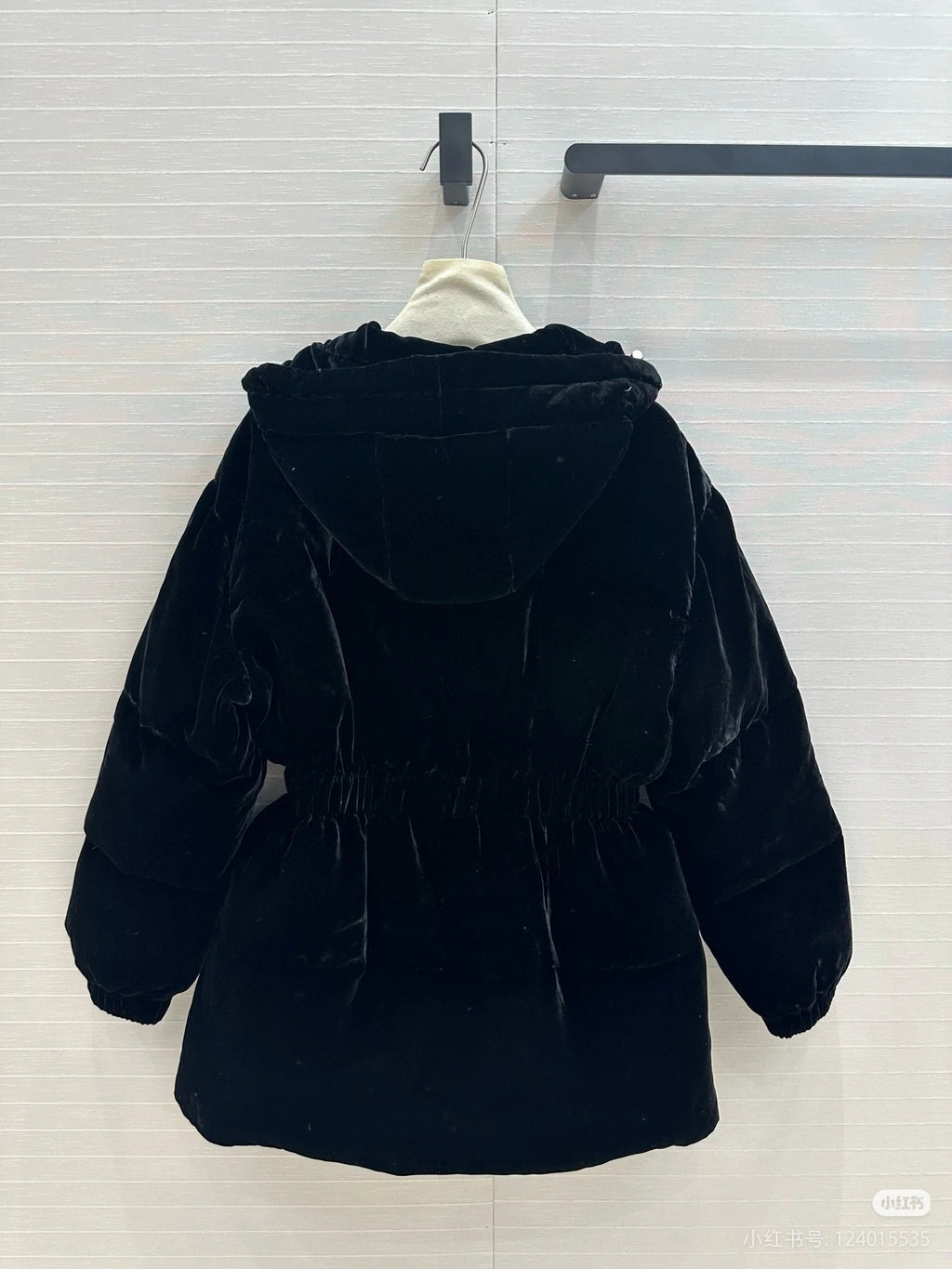 Prada hooded long coat, black velvet rear view with gathered waist